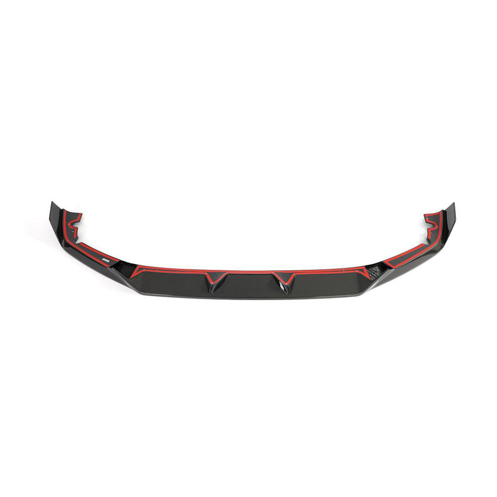 BMW F95 X5M 2023+ carbon fiber splitter by CT Carbon, showcasing the sleek, aerodynamic design on the front of the vehicle.