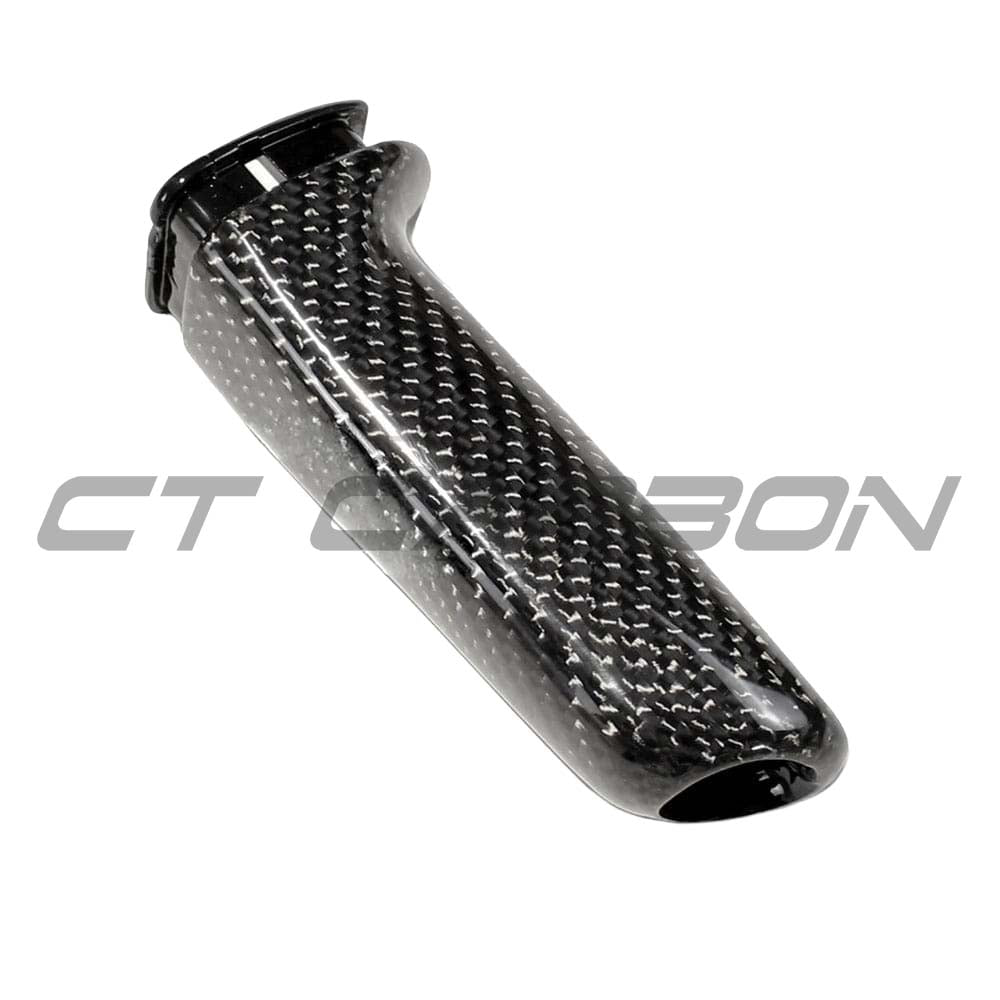 BMW Fxx carbon fiber hand brake lever by CT Carbon, showcasing sleek black carbon fiber with detailed grip and mounting area.