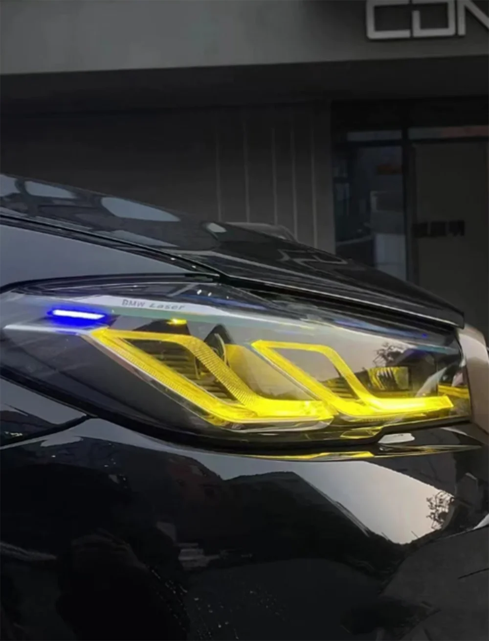 BMW G30 G31 5 Series LCI yellow adaptive DRL module set by CT Carbon, shown with installation components and wiring.