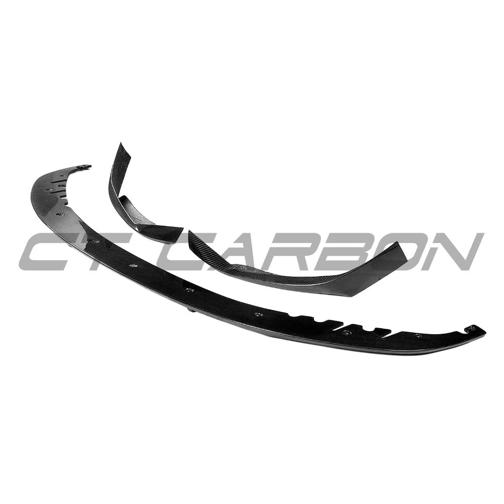 BMW G30 5 Series 2016-2023 CT Carbon V2 carbon fibre kit with sporty splitter and MP style design, mounted on the front bumper.