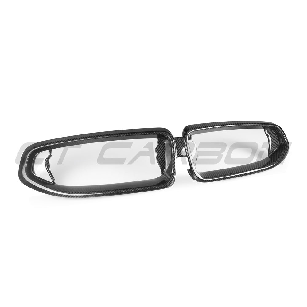 BMW G42 2 Series carbon fiber grille by CT Carbon, close-up of sleek black automotive grille with textured carbon fiber finish.