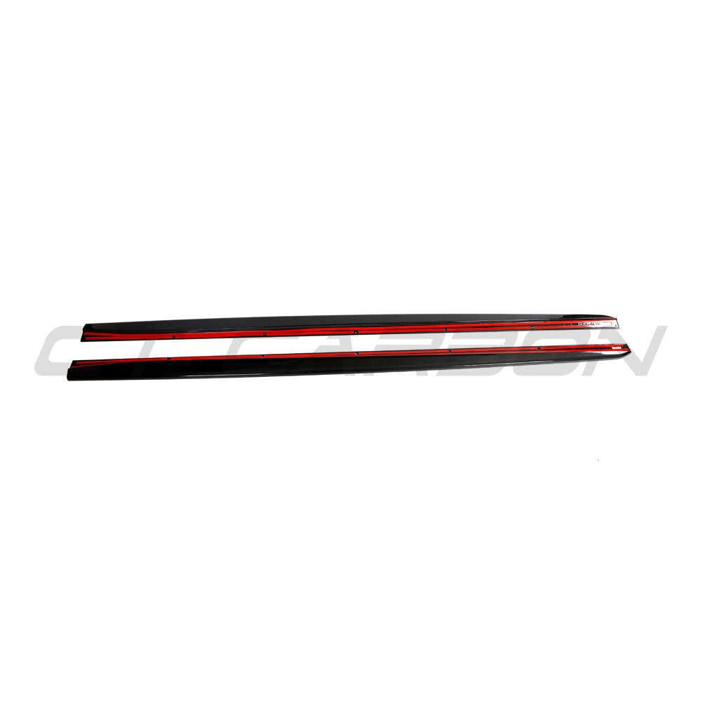 BMW G87 M2 carbon fibre side skirts by CT Design, showcasing sleek, lightweight side skirts with a carbon fiber finish.