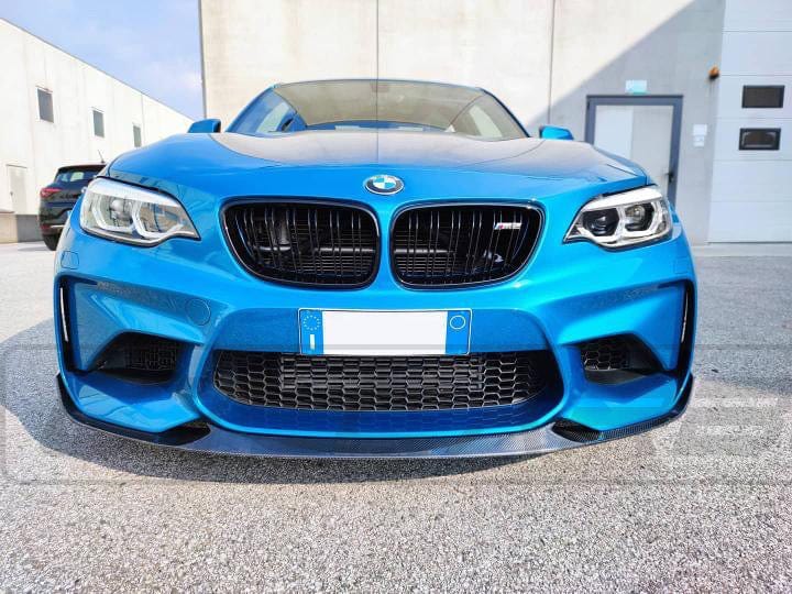 BMW M2 F87 N55 CT Carbon OG carbon fibre splitter, V4 design, enhancing sporty front end with lightweight, durable material.