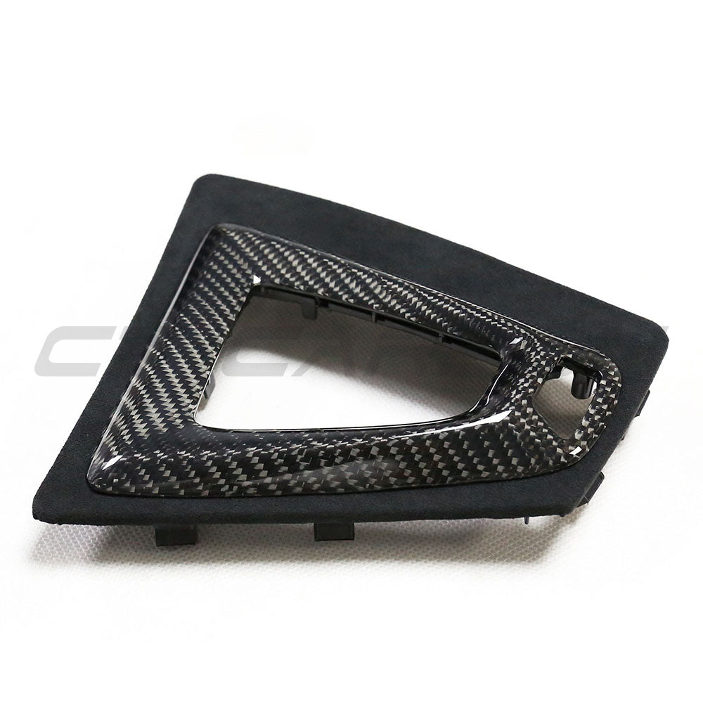 BMW M2C F87 accessories, CT Carbon Alcantara and carbon fiber shifter surround for left-hand drive vehicle.
