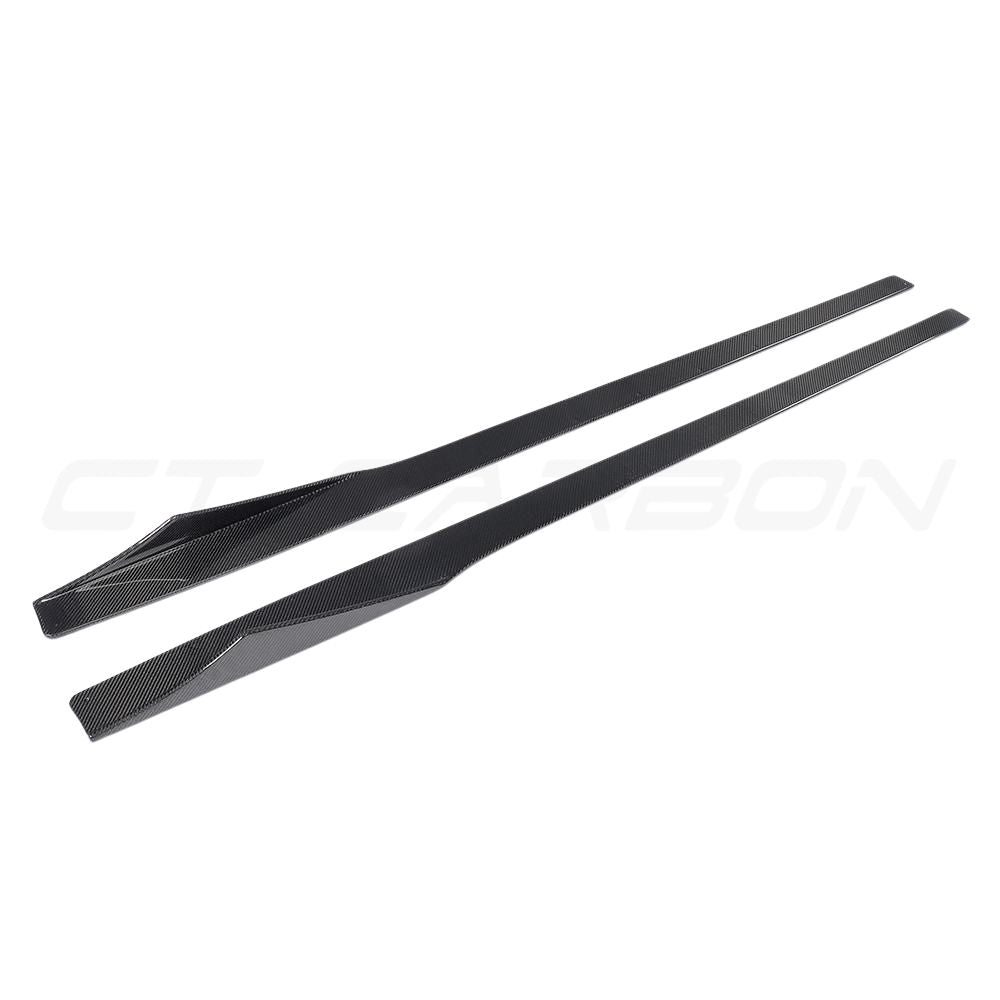 BMW M2 F87 carbon fibre side skirts by CT Carbon, V2 style, showcasing sleek, lightweight aerodynamic design.