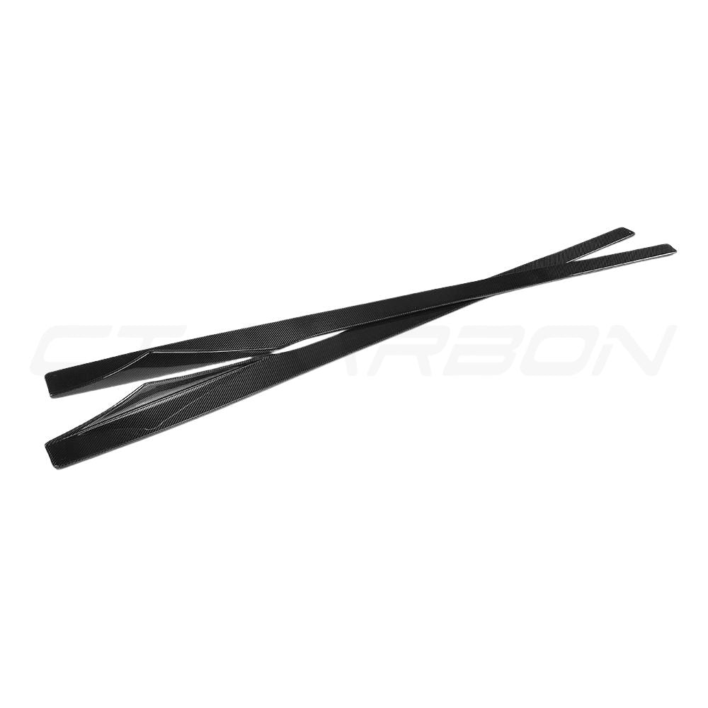 BMW M2 F87 carbon fibre side skirts by CT Carbon, V2 style, designed for sporty enhanced aerodynamics and sleek appearance.