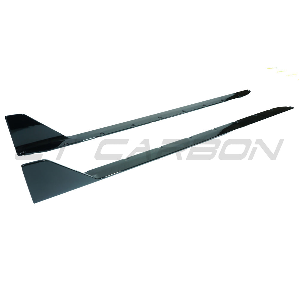 BMW M3 G80 G81 side skirts in gloss black by CT Carbon, showcasing sleek, aerodynamic design and high-quality finish.