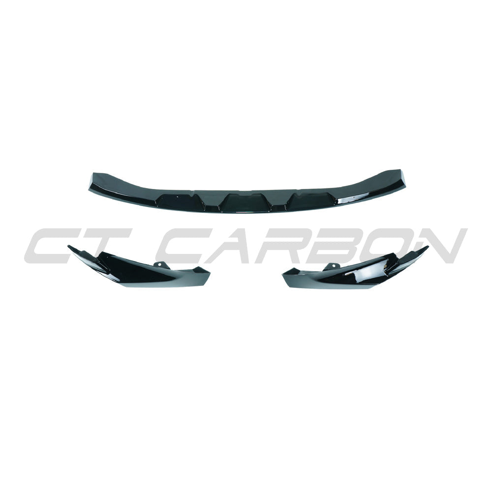 BMW M3 M4 G80 G82 G81 G83 CT Carbon gloss black splitter, V2, style MP, showing the sleek aerodynamic design.