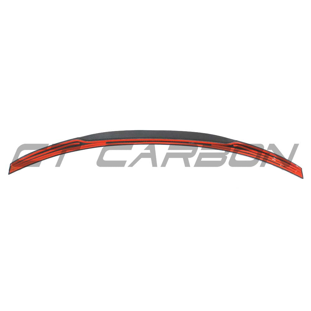 BMW M3 G80 G20 carbon fiber spoiler by CT Carbon, V8 style, mounted on the car showing sleek aerodynamic design.