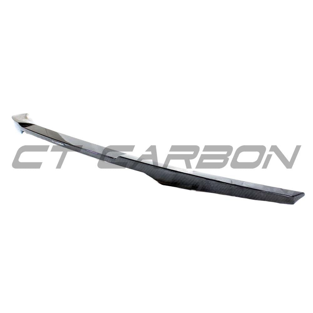 BMW M3 G80 G20 carbon fibre spoiler by CT Carbon, V8 style, shown installed on the rear of the sports sedan.