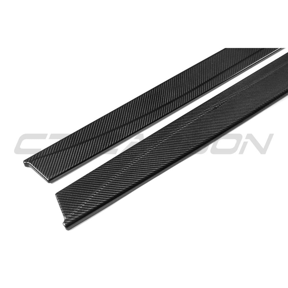 BMW G60 5 Series & I5 full carbon fiber kit by CT Carbon, shown with pre-preg carbon fiber side skirts and detailed close-up.