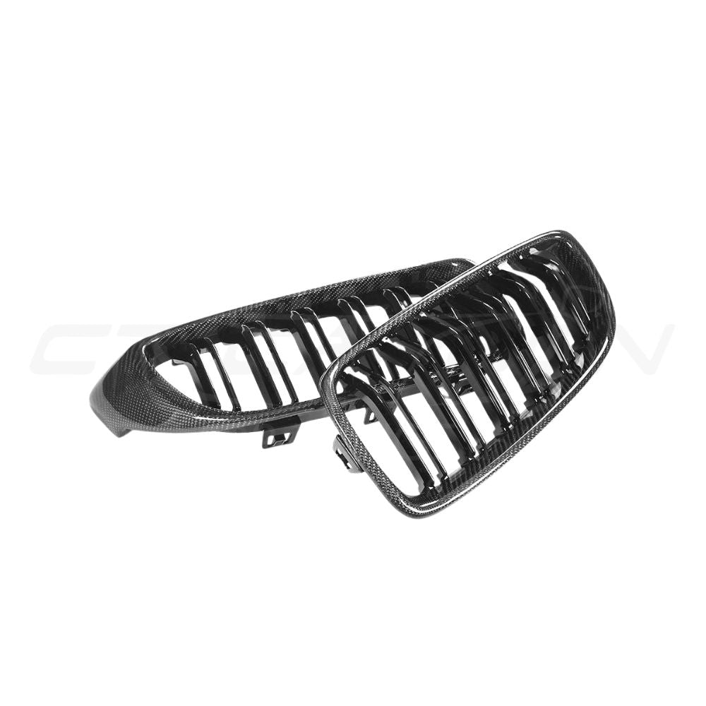 BMW M3 M4 F80 F82 F83 carbon fiber front grille by CT Carbon, showcasing sleek, lightweight carbon fiber design for enhanced style.