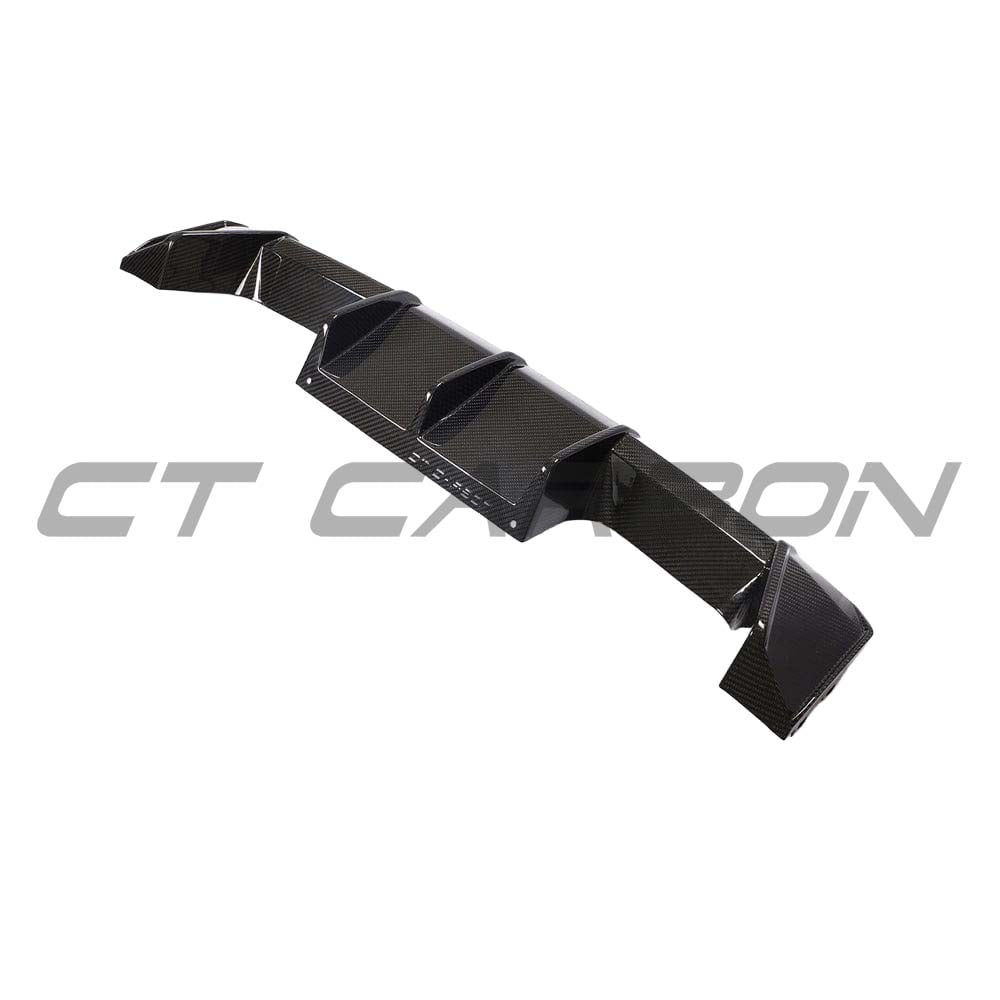 BMW M3 M4 G80 G82 G83 carbon fibre diffuser by CT Carbon, front view showing sleek V2 design and textured carbon finish.