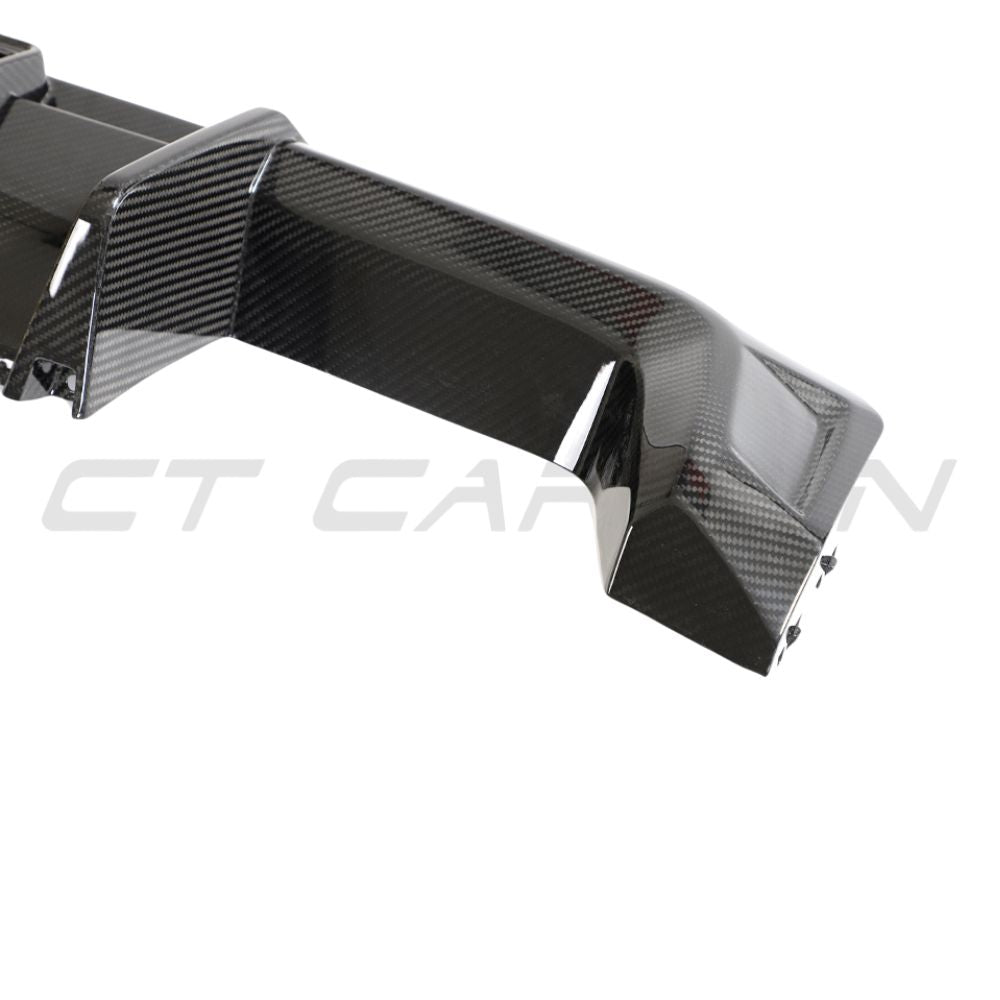 BMW M3 M4 G80 G81 G82 G83 carbon fibre diffuser with integrated LED lights, CT Design V3 for enhanced aerodynamics and style.