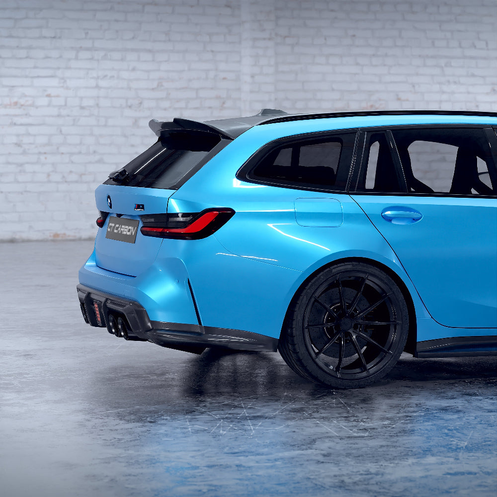BMW M3 M4 G80 G82 carbon fibre diffuser with LED lights, V3 CT Design, showcasing sleek aerodynamic design.