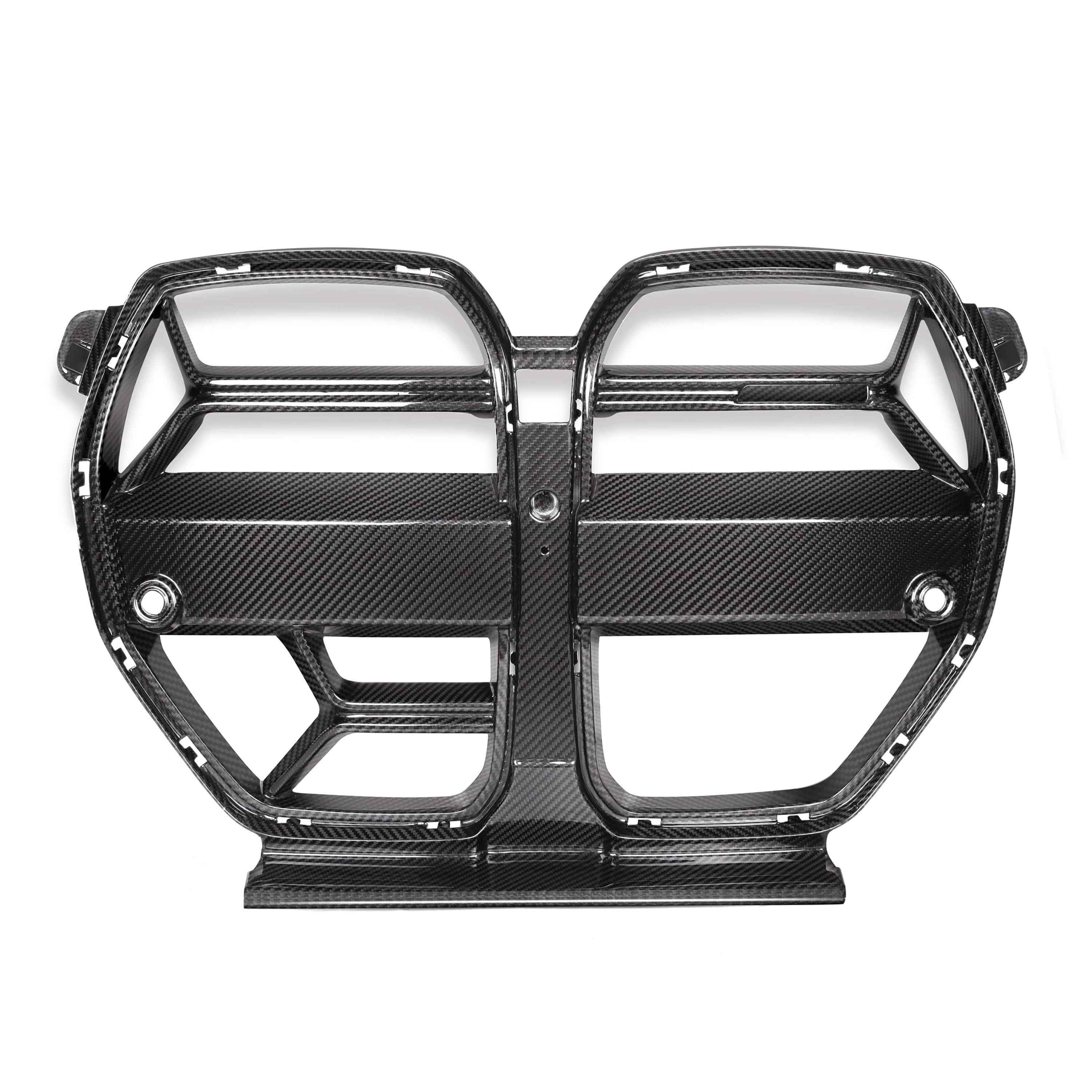 BMW M3 M4 G80 G82 G83 carbon fibre grille by CT Carbon with integrated ACC, showing sleek black textured finish on the front of the car.