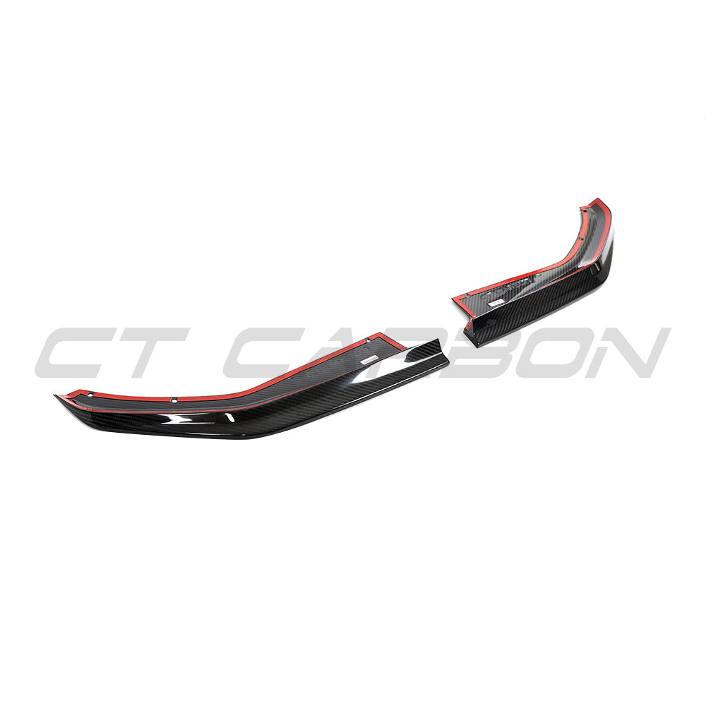 BMW M3 G80 G81 carbon fibre rear corner extensions, accessory by CT Carbon, showcasing sleek aerodynamic design.