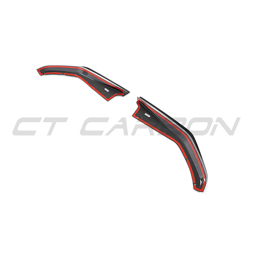 BMW M3 G80 G81 carbon fibre rear corner extensions by CT Carbon, showcasing sleek, lightweight automotive accessory details.