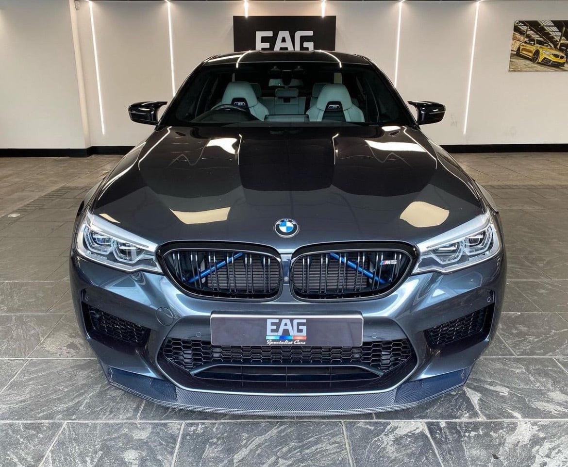 BMW M5 F90 2017-2020 CT Carbon GTS-style carbon fiber splitter mounted on front bumper.