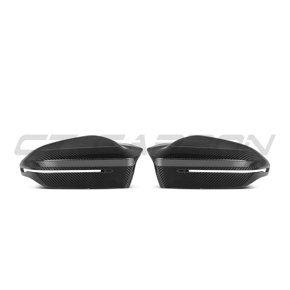 BMW M5 G90 G99 and i5 M60 G60 carbon fibre side mirrors by CT Carbon, LHD, with sleek pre-preg finish.
