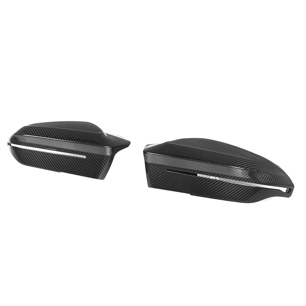BMW M5 G90 G99 and i5 M60 G60/G61 carbon fibre side mirrors, LHD accessories by CT Carbon, showing sleek, aerodynamic design