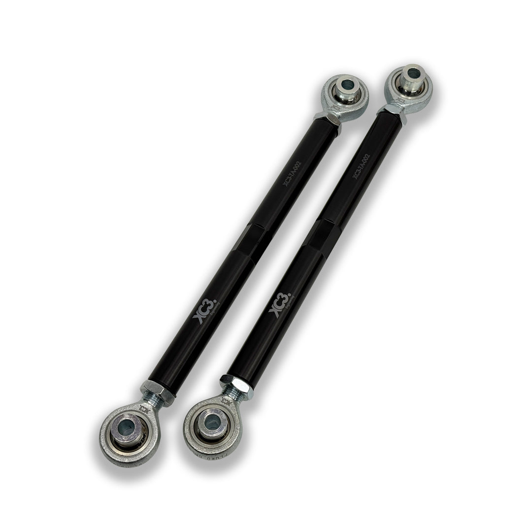 BMW M3 E9X/E90/E92/E93 adjustable rear toe arms by XC3 Engineering, showing the suspension components and mounting points.