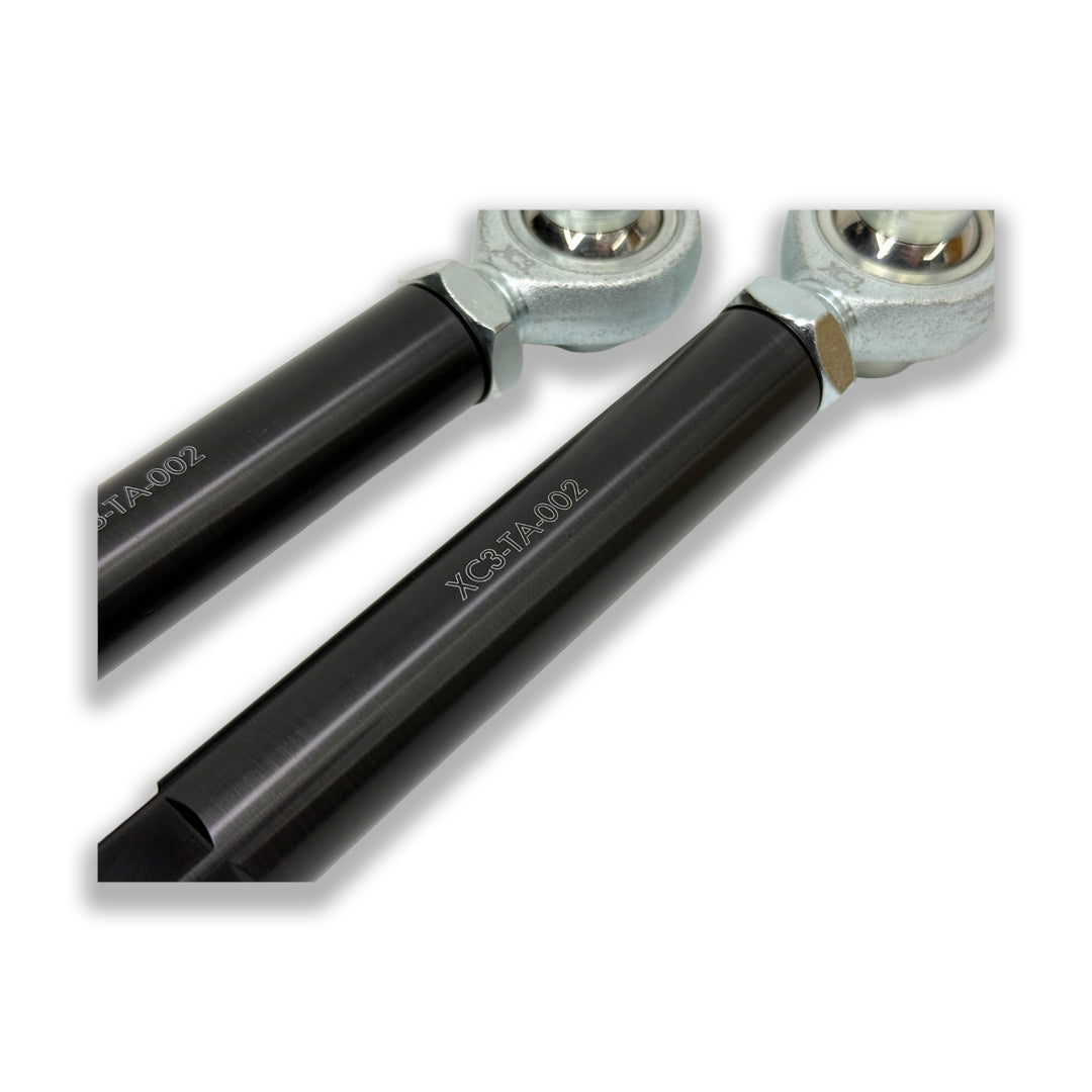 BMW M3 E9X E90 E92 E93 adjustable rear toe arms for suspension and alignment by XC3 Engineering, with close-up of the part.