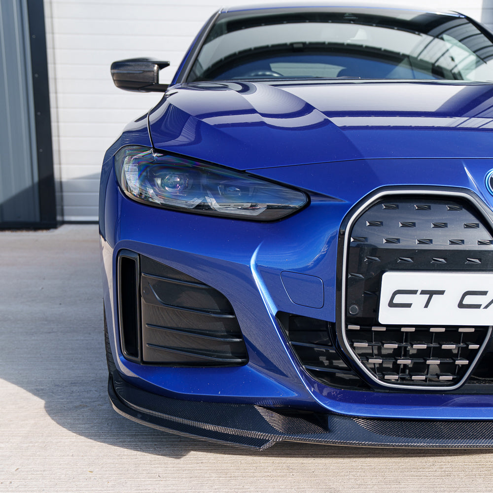 BMW 4 Series G26 and i4 carbon fiber splitter by CT Carbon, V2, mounted on the front of the vehicle.