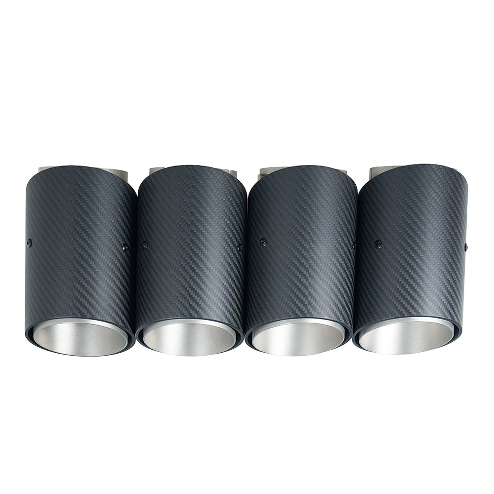 BMW G90 M5 and G99 M5 Touring 2024 carbon fiber slash cut exhaust tips in chrome by CT Carbon, showing sleek, shiny finish