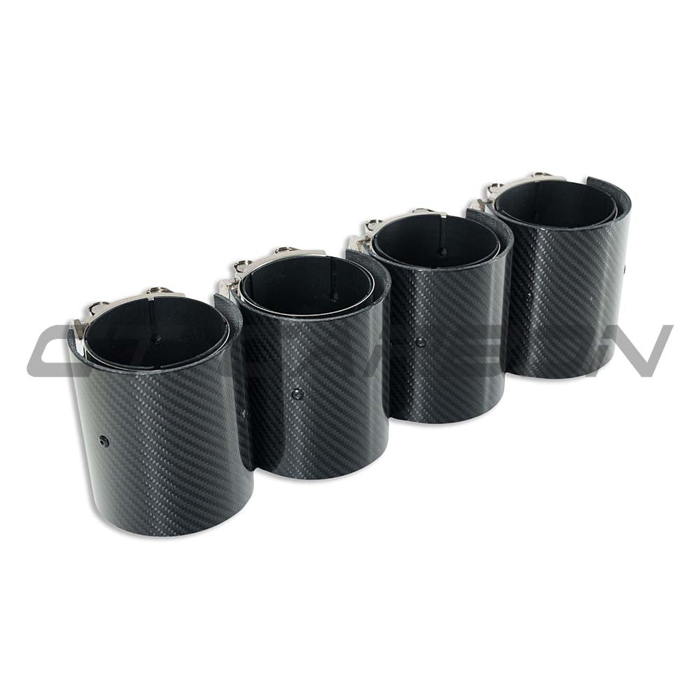 Set of four black carbon exhaust tips for BMW M2, M3, M4 G87/G80 G81 G82 G83, straight cut design by CT Carbon.