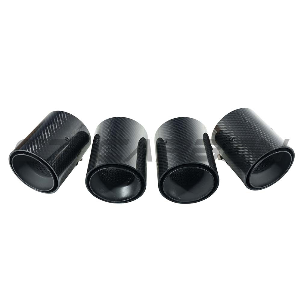 Set of four black carbon exhaust tips for BMW M2, M3, M4 G87/G80/G81/G82/G83 by CT Carbon, straight cut design.