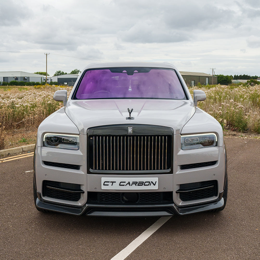 CT Carbon Rolls Royce Cullinan carbon fibre splitter installed on the luxury SUV, showcasing sleek, lightweight aerodynamic design.