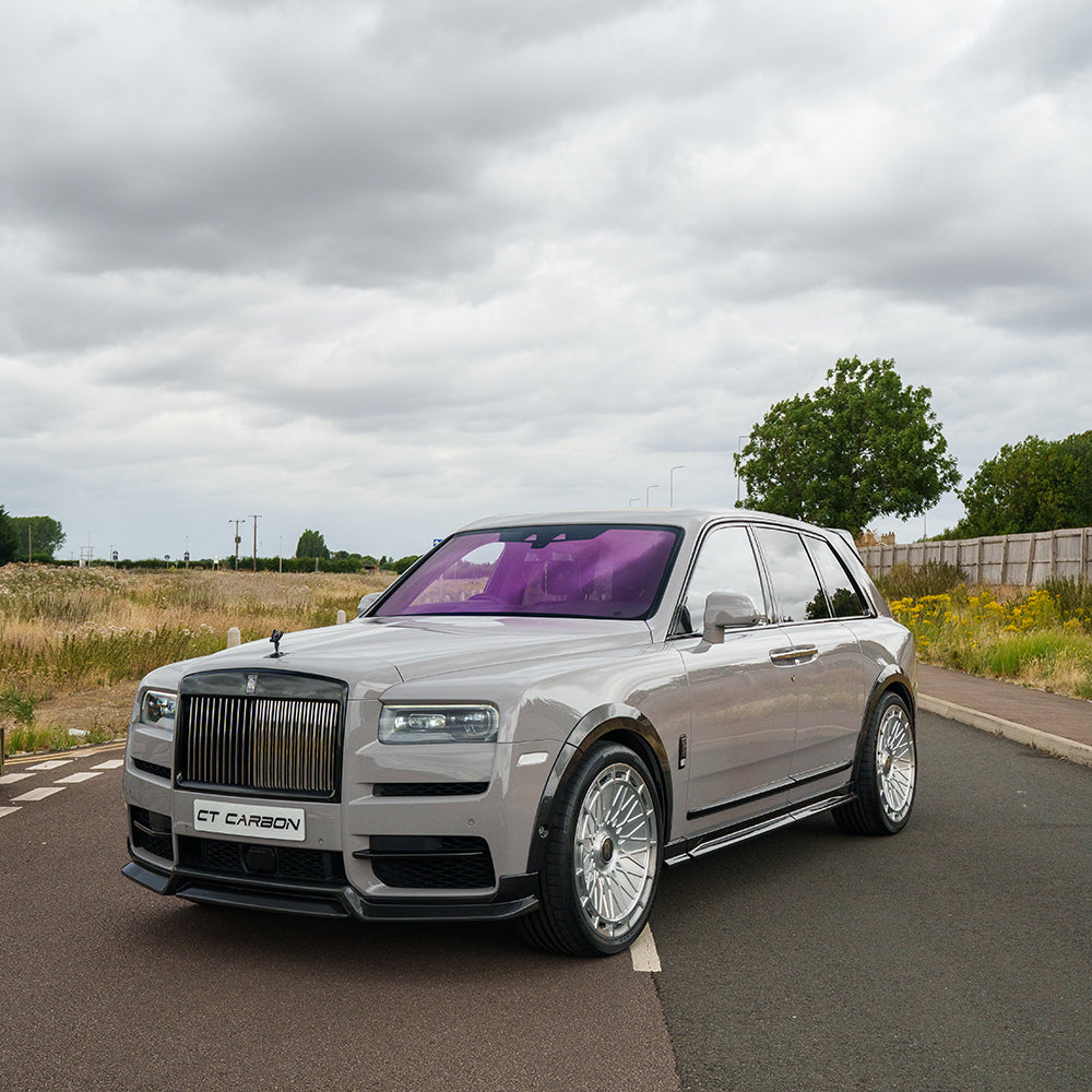 CT Carbon Rolls Royce Cullinan carbon fibre splitter installed on the vehicle, showcasing sleek, lightweight aerodynamic design.
