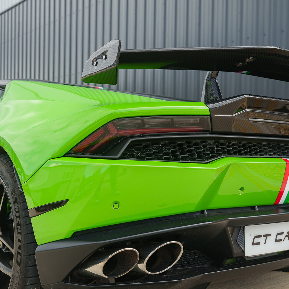 CT Carbon Lamborghini Huracan LP-580/LP-610 EVO spoiler showing sleek carbon fiber wing with aerodynamic design.