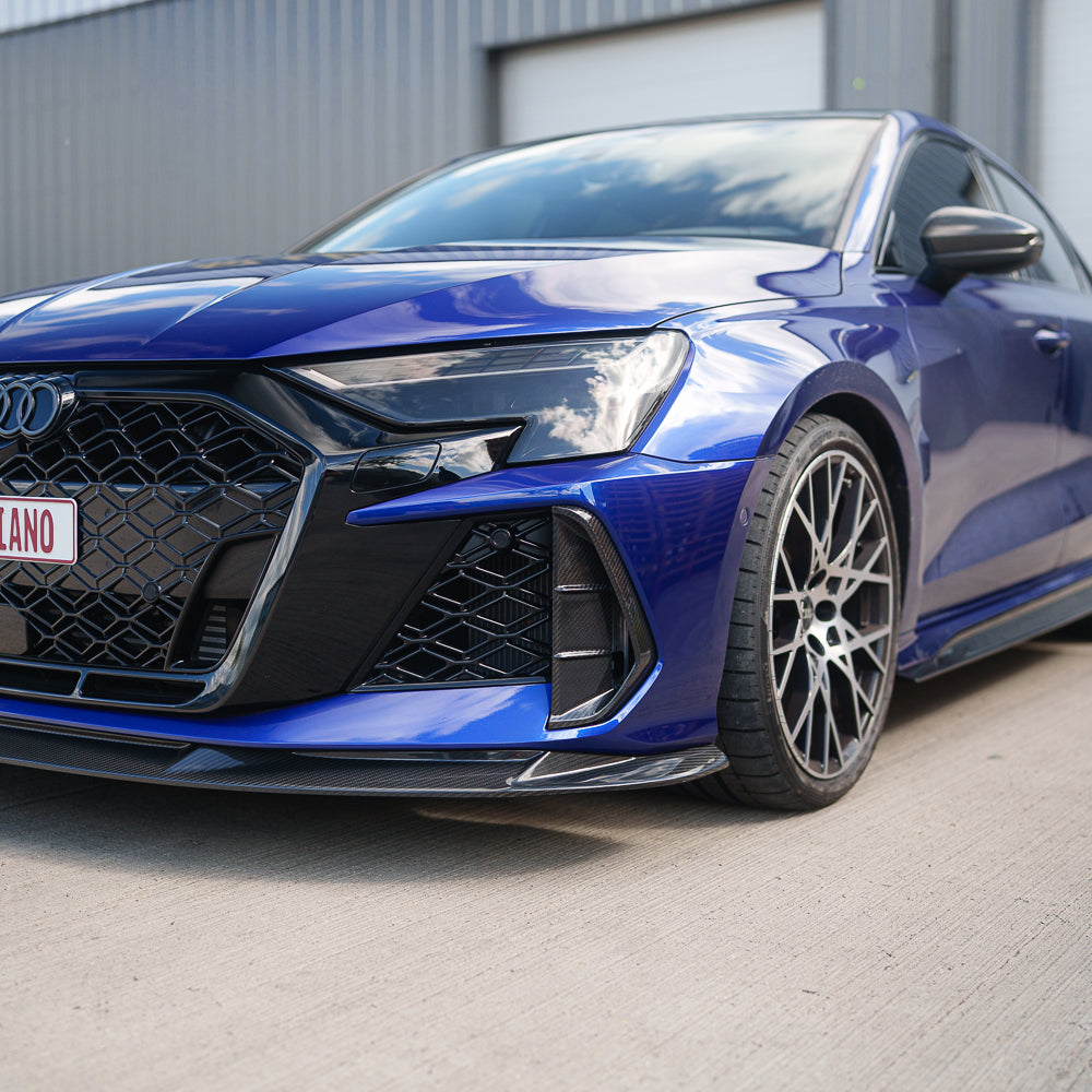 CT Carbon Audi RS3 8Y 2025+ carbon fiber front bumper vents accessory, showcasing sleek, lightweight aerodynamic design.
