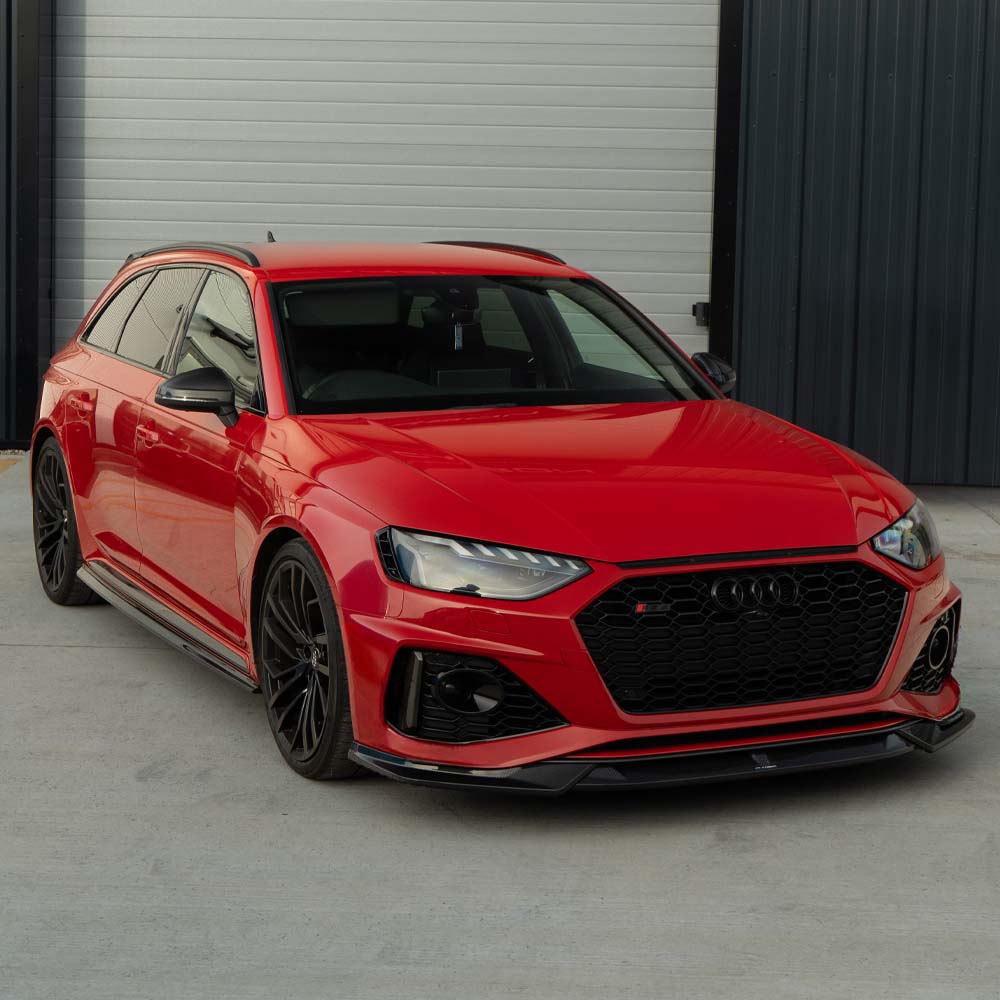 Carbon fiber kit for Audi RS4 B9.5 by CT Carbon, featuring sleek carbon fiber components with a detailed close-up view.