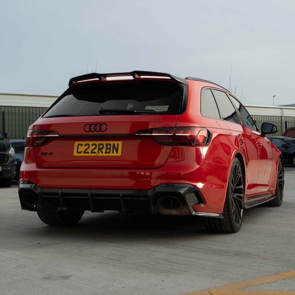 Audi RS4 B9.5 CT Design V2 carbon fiber kit with front splitter, side skirts, and rear diffuser on a car.