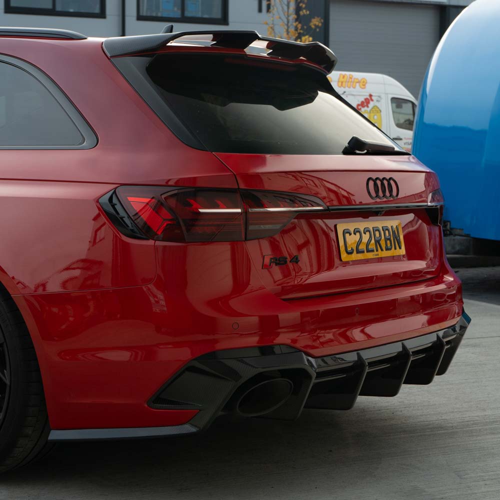 Carbon fibre kit for Audi RS4 B9.5 by CT Carbon, featuring sleek, lightweight carbon fibre components on a car.