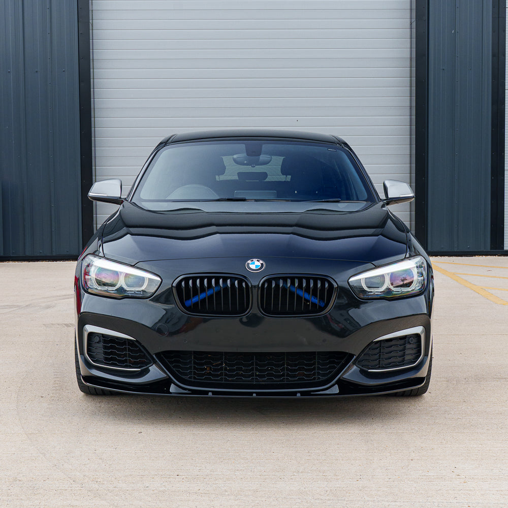 BMW F20/F21 1 Series LCI GLOSS BLACK Splitter by CT Carbon, V2, shown on car with detailed close-up of splitter design