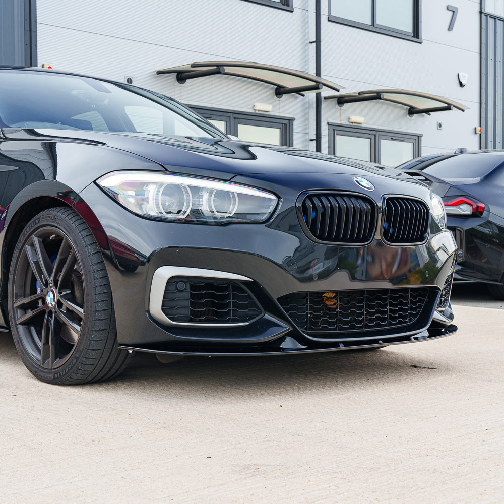 BMW F20/F21 1 Series LCI GLOSS BLACK Splitter by CT Carbon, V2, showcasing sleek aerodynamic design on a car front splitter