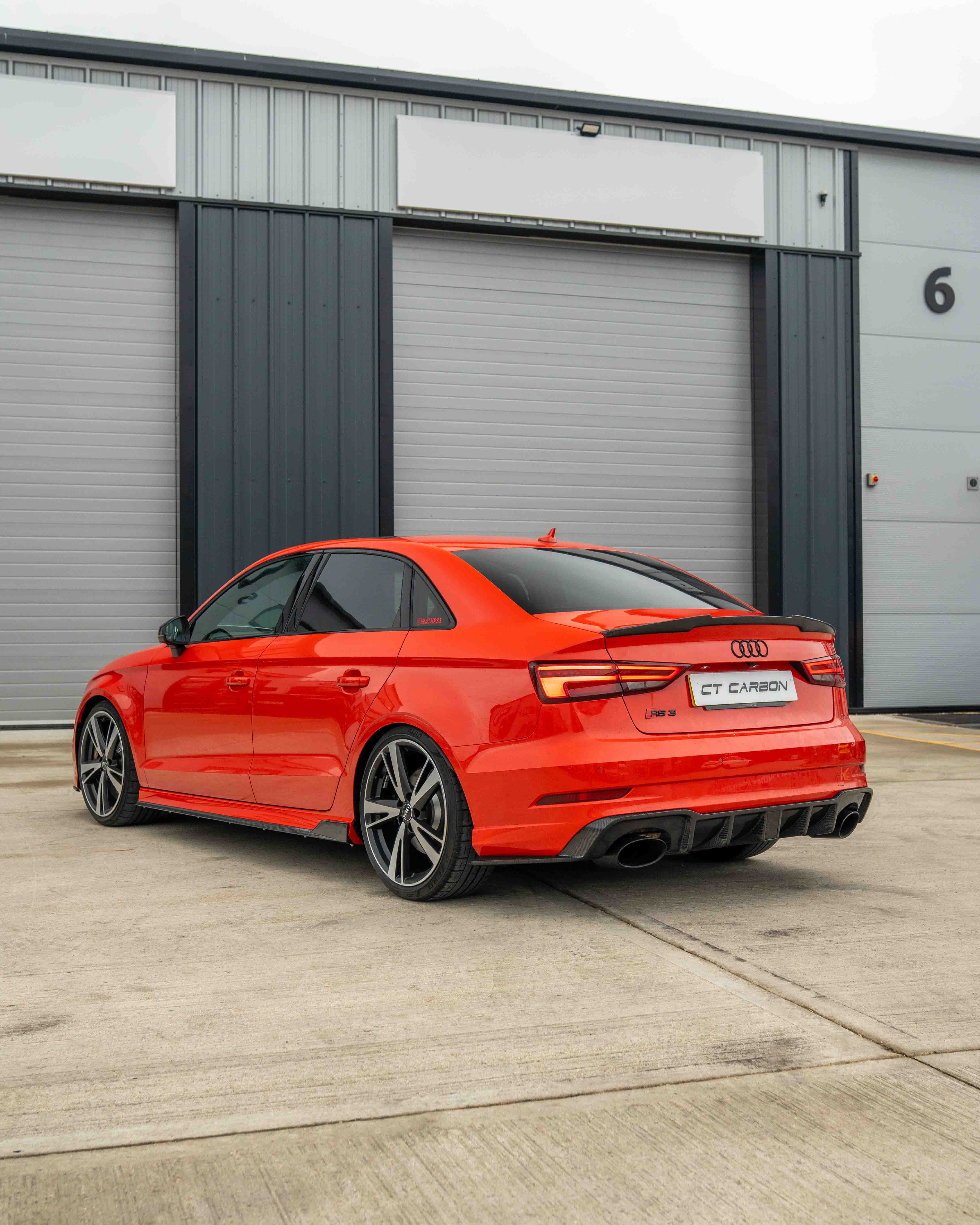 Audi RS3 8V saloon rear carbon diffuser with DTM light by CT Carbon, showcasing sleek aerodynamic design and high-quality materials.