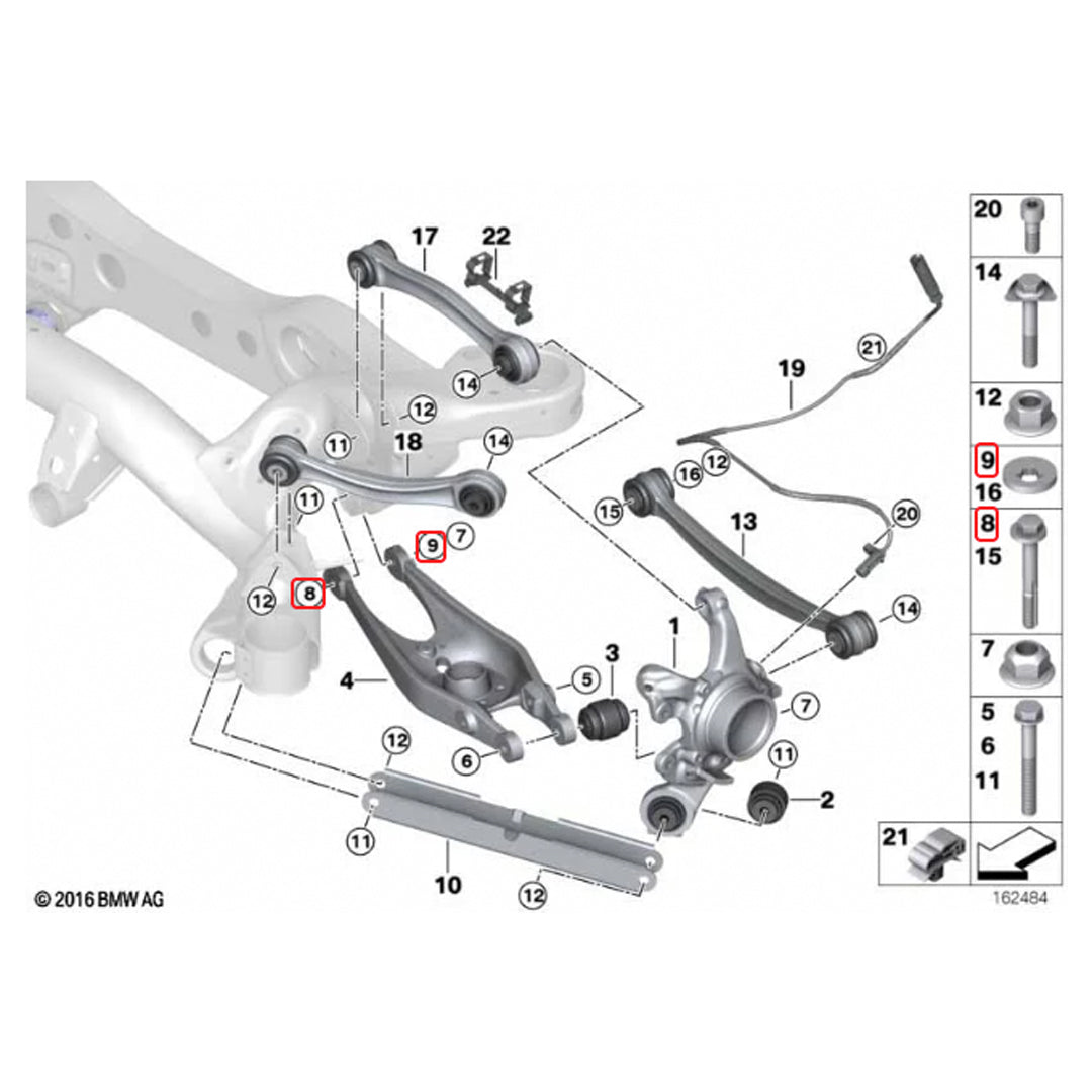 BMW M3 E9X E92 camber lockout shims from XC3 Engineering installed on suspension for alignment adjustment.