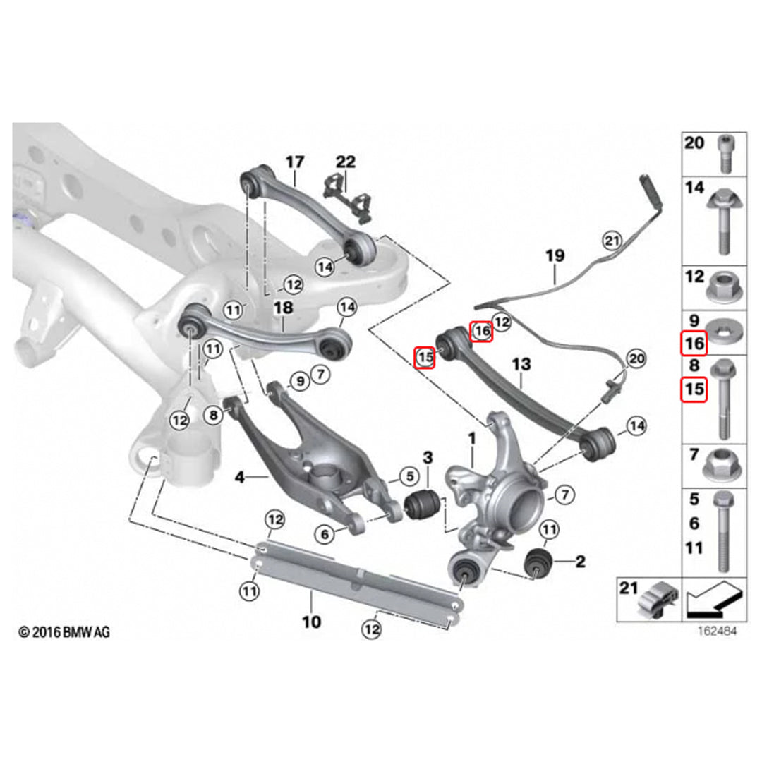 BMW M3 E9X E92 rear toe lockout shims installed in suspension, showing their position for alignment and toe adjustment.