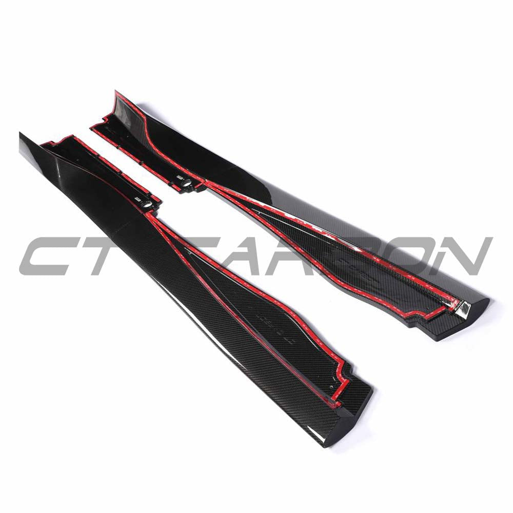 CT Carbon MCLAREN 750S 2023 carbon fibre side skirts, sleek aerodynamic car accessory, detailed view of the lightweight design.