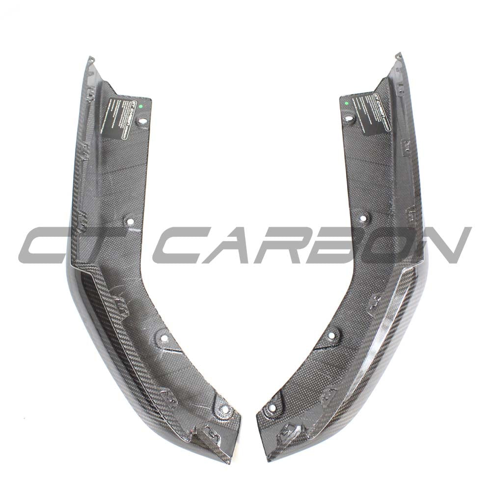 BMW M3 G80/G81 carbon fibre rear bumper corners by CT Carbon, showcasing sleek, high-quality accessory details.