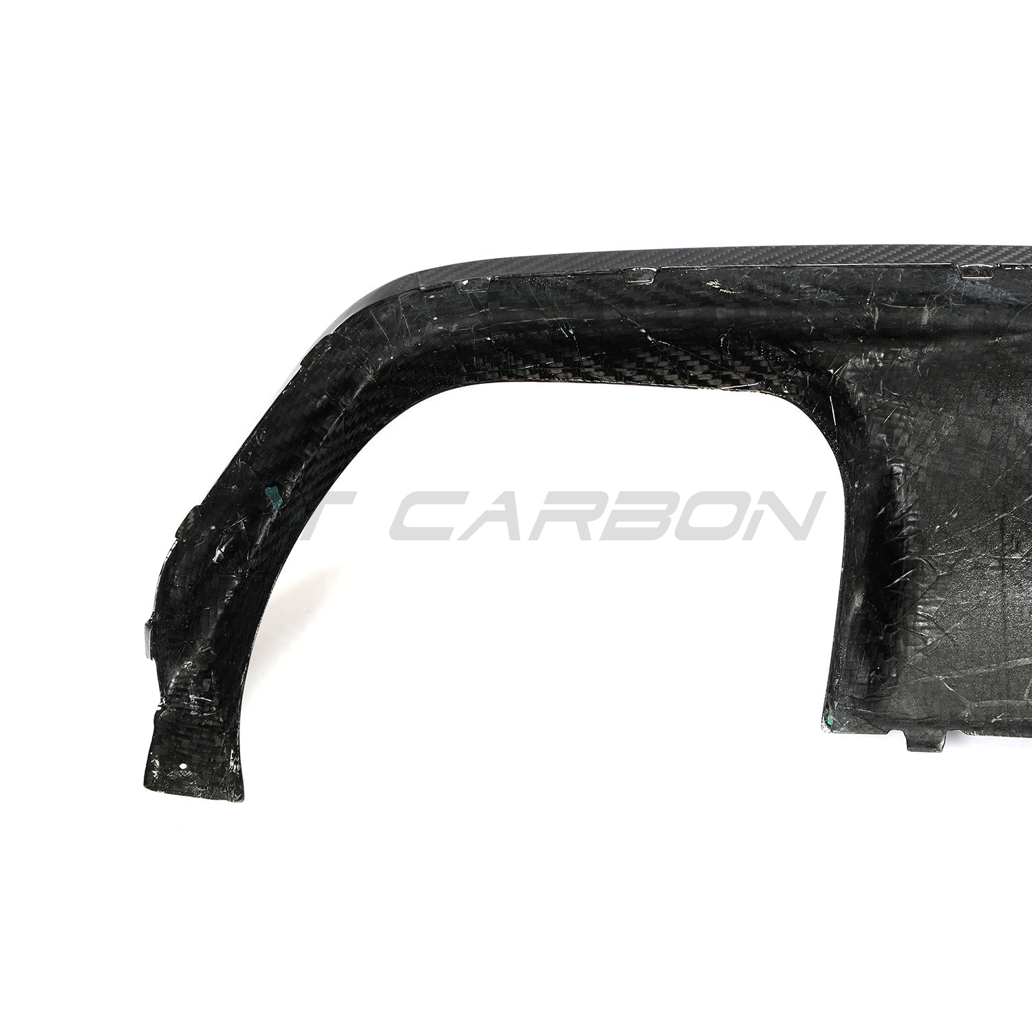 BMW M8 F93 Gran Coupe carbon fiber diffuser by CT Carbon, showing sleek, aerodynamic design with detailed carbon fiber texture.