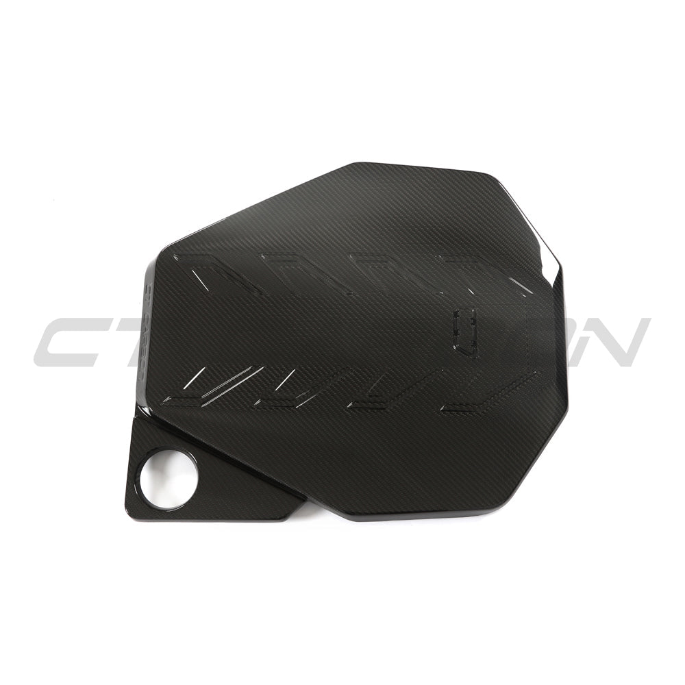 BMW G90 M5 and G99 M5 Touring 2024 carbon fibre engine bay cover kit by CT Carbon, shown installed in a clean engine bay.