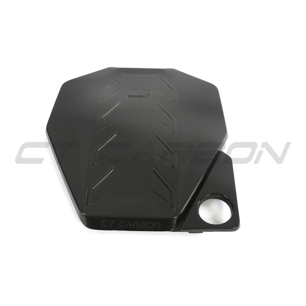 BMW G90 M5 and G99 M5 Touring 2024 carbon fibre engine bay cover kit by CT Carbon, showcasing sleek carbon fibre engine bay components.