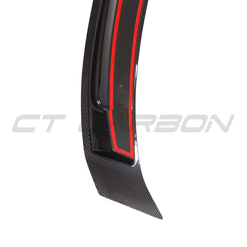 CT Carbon spoiler for Porsche 911 991.2 GTS, Carrera, Targa 2017-2019, featuring carbon fiber finish on the vehicle's rear.
