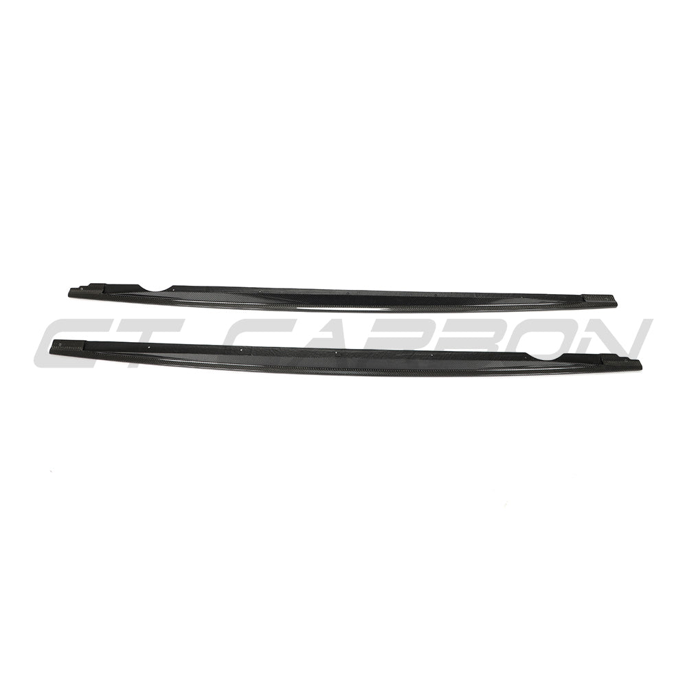 Carbon fiber side skirts for VW Golf MK8/MK8.5 R 2020+ by CT Carbon, featuring sleek V2 design, shown on a car.
